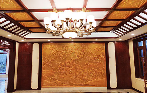 兴文中式别墅客厅中式木作横梁吊顶装饰展示
